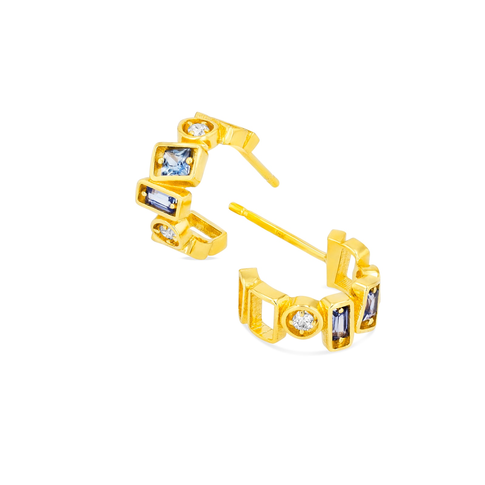 Cara 18ct Yellow Gold Light Blue Sapphire & 0.10cttw Diamond 12mm Hoop Earrings