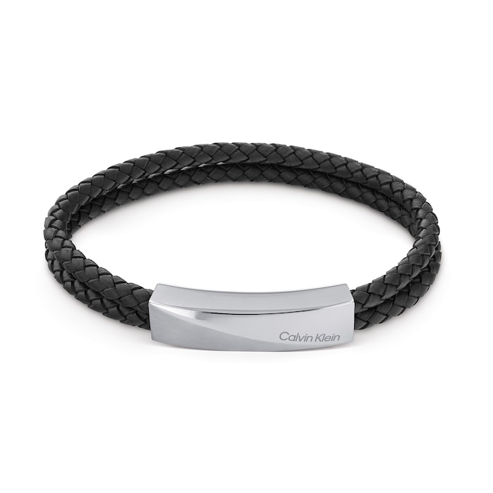 Calvin Klein Mens Double Strand Black Leather Braided Bracelet