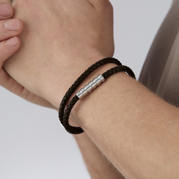 Calvin Klein Mens Double Wrap Brown Leather Braid Bracelet