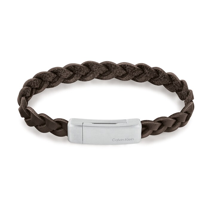 Calvin Klein Mens Brown Leather Plaited Bracelet