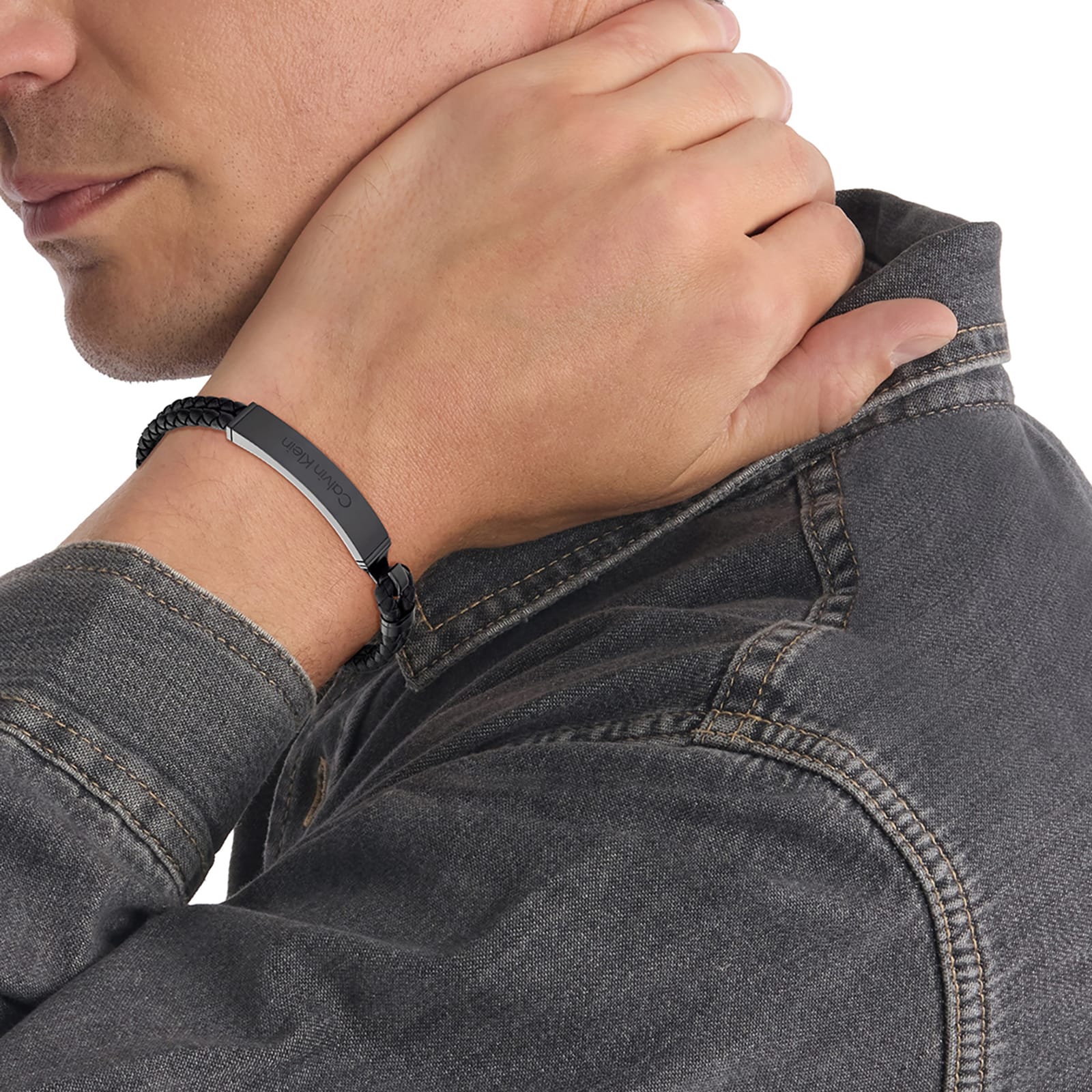 Calvin Klein Mens Black Braided Leather Bracelet