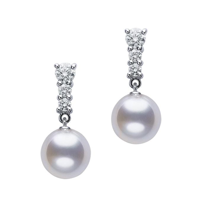 Mikimoto 18k White Gold 8mm Akoya Cultured Pearl and Diamond Drop Earrings