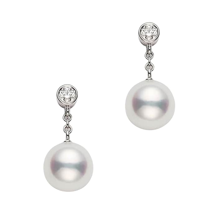 Mikimoto 18k White Gold 8mm Akoya Cultured Pearl and 0.12cttw Diamond Drop Earrings