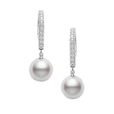 Mikimoto 18k White Gold 7.5mm Akoya Cultured Pearl and 0.08cttw Diamond Drop Earrings