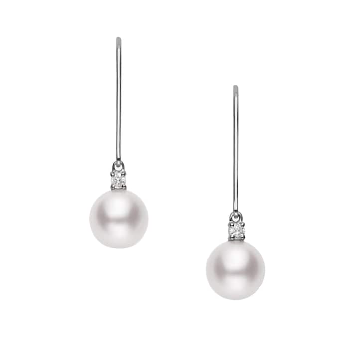 Mikimoto 18k White Gold 7mm Akoya Cultured Pearl and 0.06cttw Diamond Drop Earrings