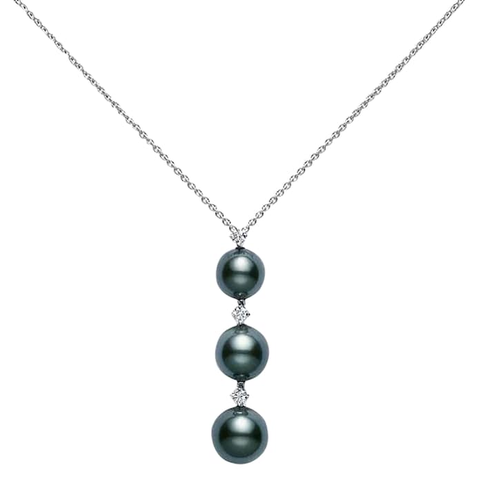 Mikimoto 18k White Gold Three Drop Black South Sea Cultured Pearl and Diamond 18" Necklace