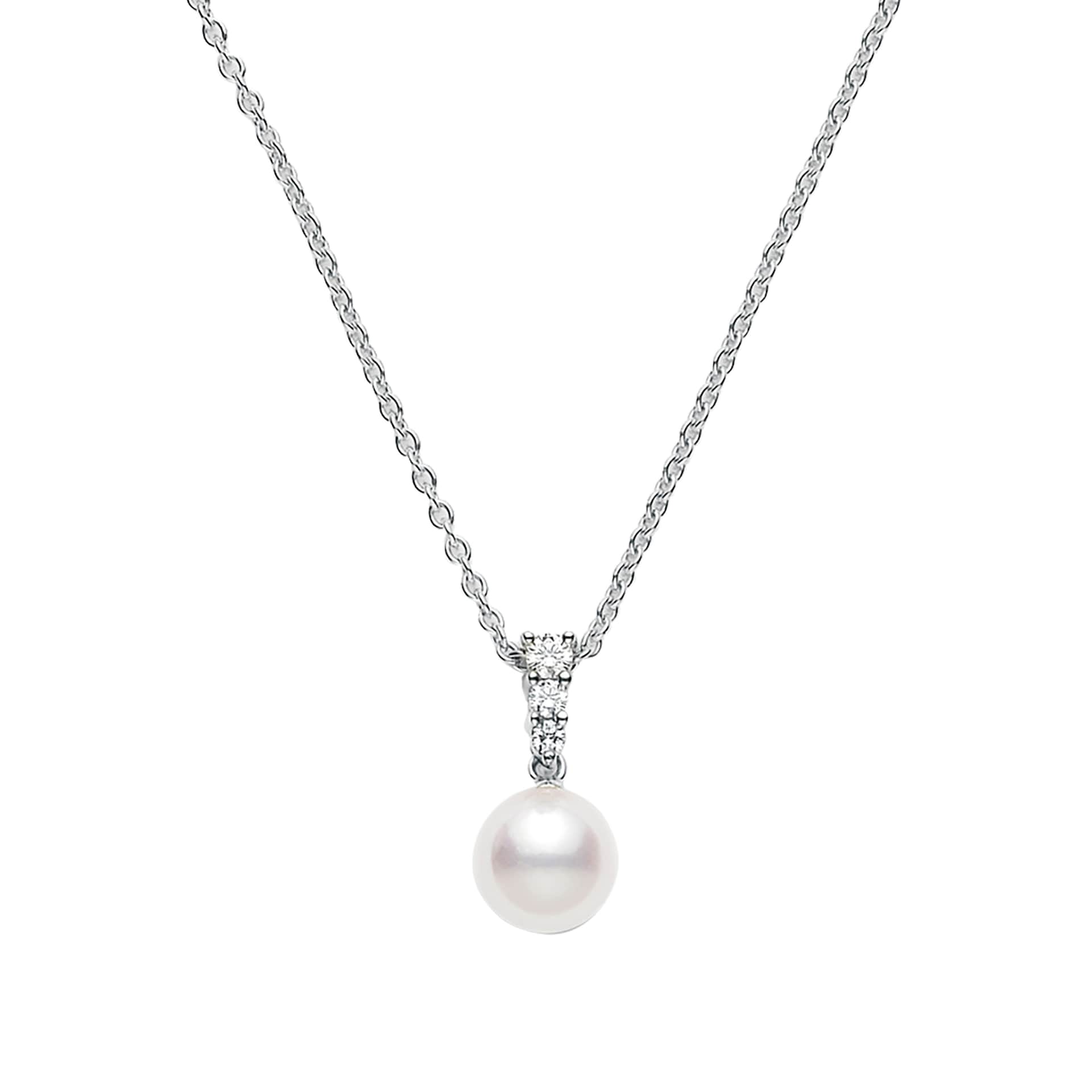 Mikimoto 18k White Gold Akoya Single Cultured Pearl and Diamond 18" Necklace