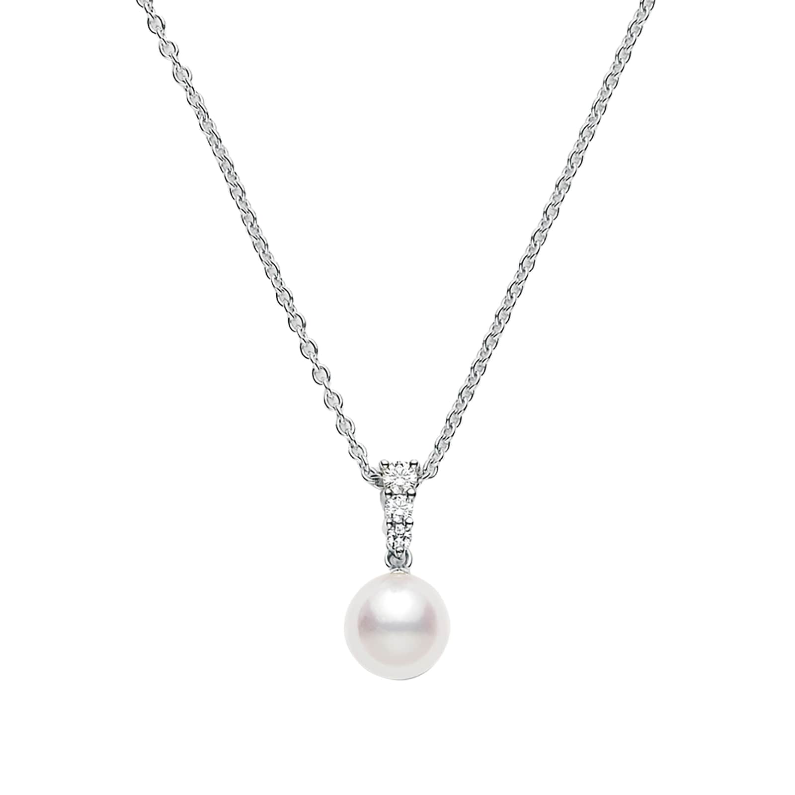 Mikimoto 18k White Gold Akoya Single Cultured Pearl and Diamond 18" Necklace