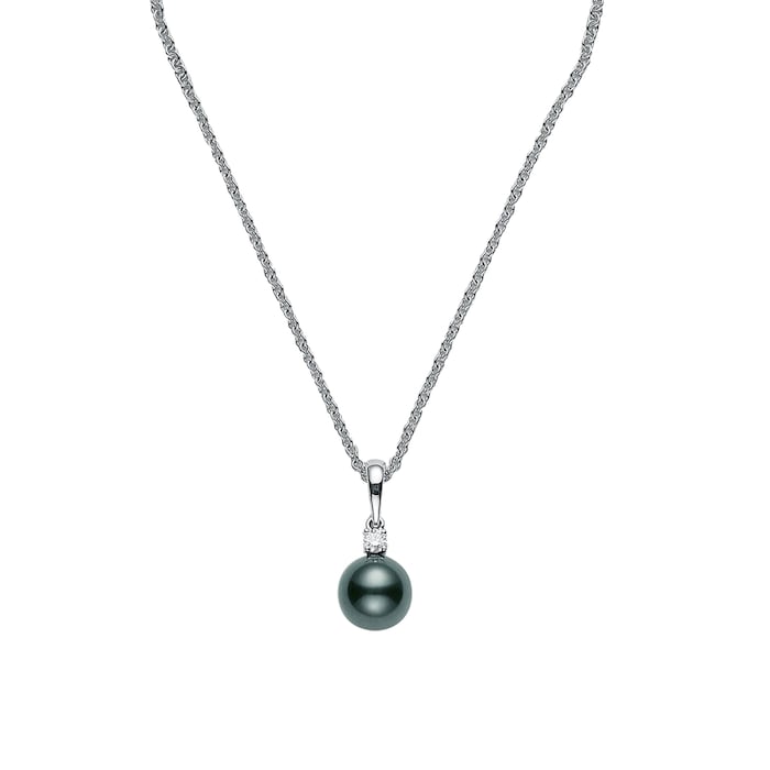 Mikimoto 18k White Gold Black South Sea Single Cultured Pearl and Diamond 18" Necklace