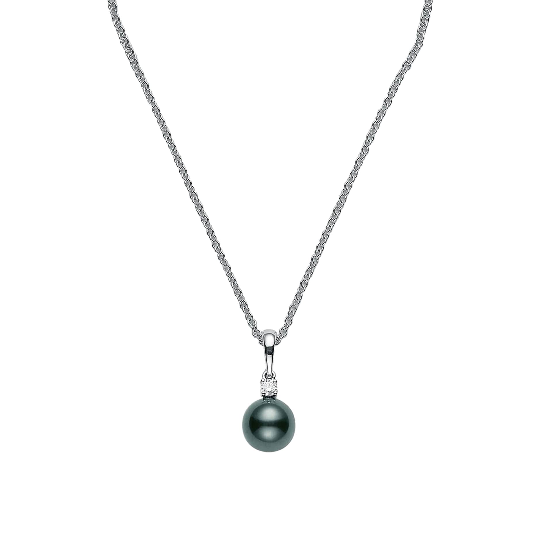 Mikimoto 18k White Gold Black South Sea Single Cultured Pearl and Diamond 18" Necklace