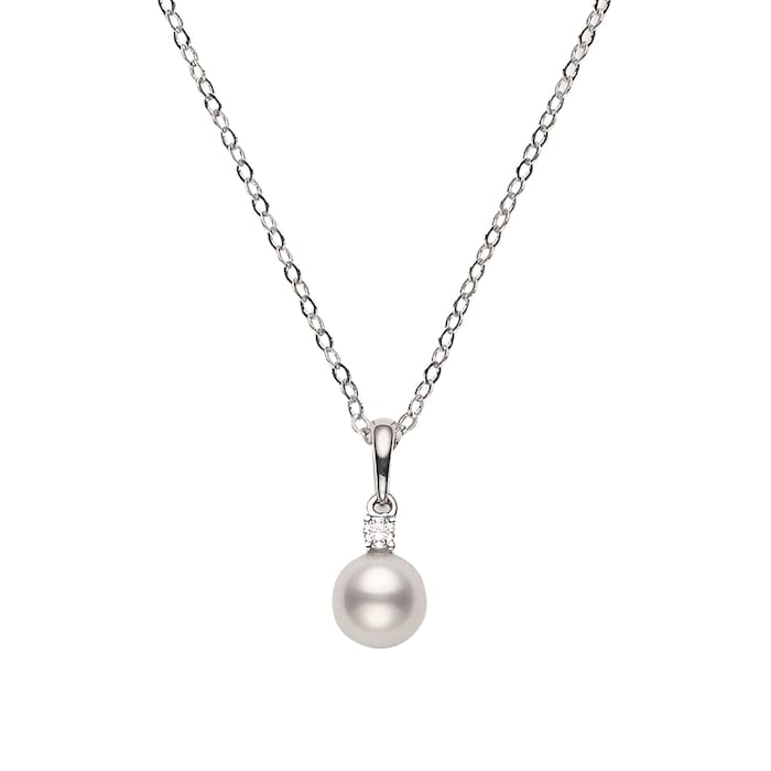 Mikimoto 18k White Gold Akoya Single Cultured Pearl and Diamond Necklace 18" Necklace