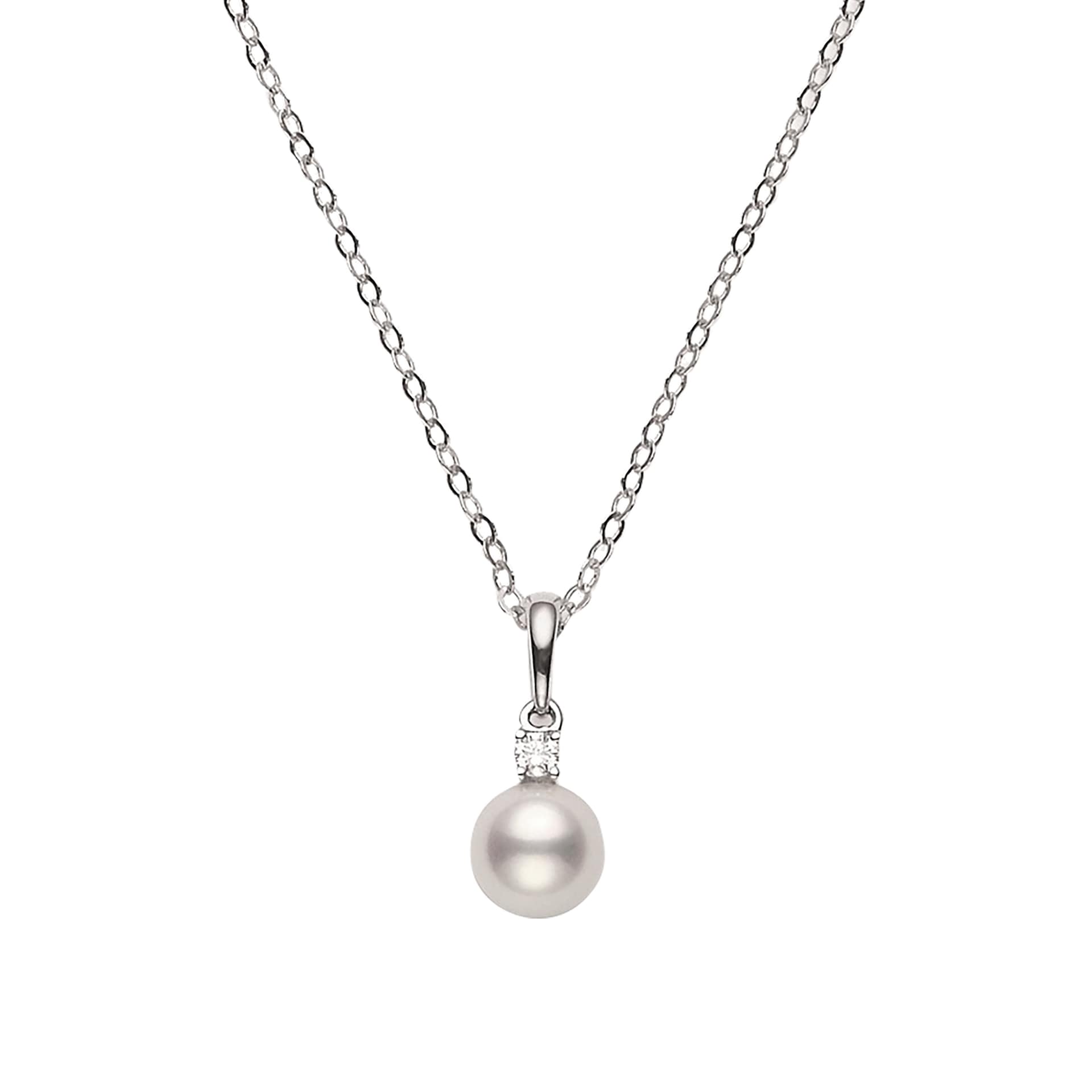 Mikimoto 18k White Gold Akoya Single Cultured Pearl and Diamond Necklace 18" Necklace