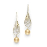 Mikimoto 18k Yellow Gold Cultured Golden South Sea pearl 10mm A+ Grade and 1.94cttw Diamond Drop Earrings