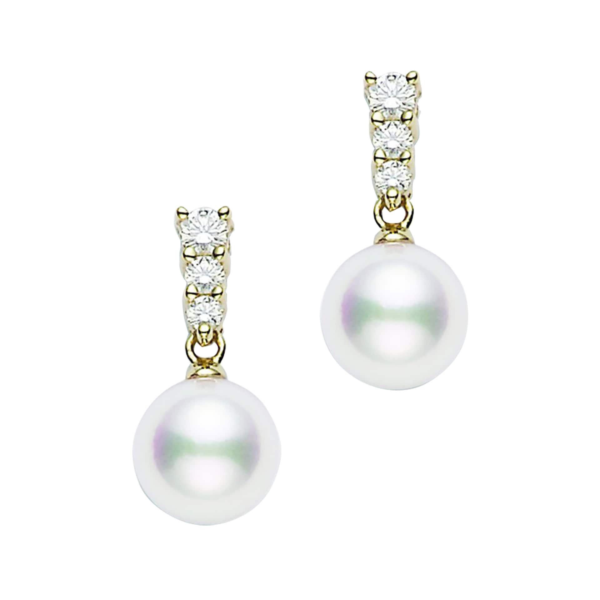 Mikimoto 18k Yellow Gold 8mm Akoya Cultured Pearl and 0.29cttw Diamond Drop Earrings