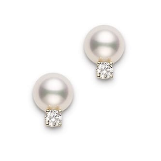 Mikimoto 18k Yellow Gold 6mm-6.5mm Akoya Cultured Pearl and 0.06cttw Diamond Stud Earrings