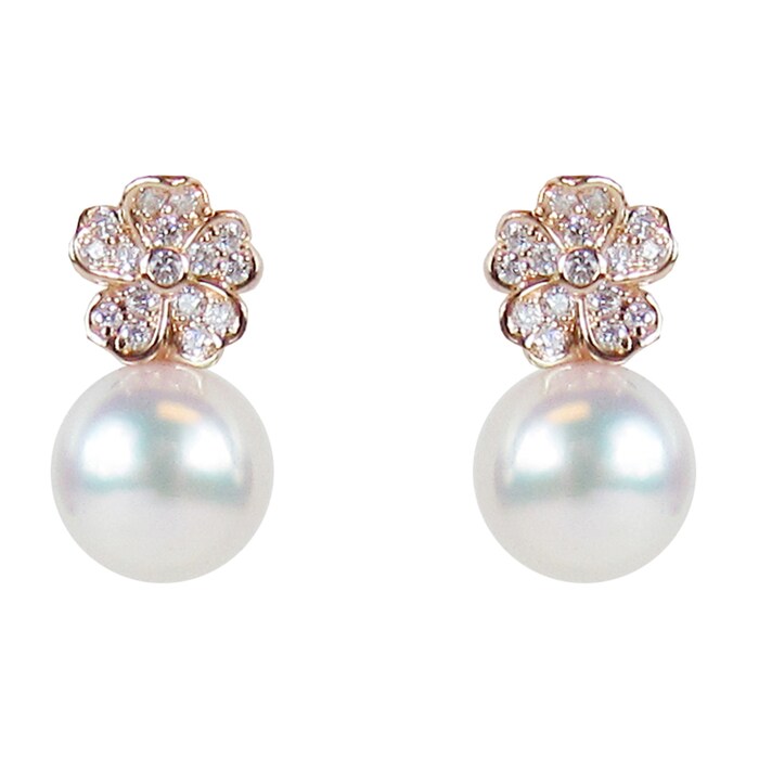Mikimoto 18k Rose Gold Akoya Cultured Pearl and Diamond Earrings