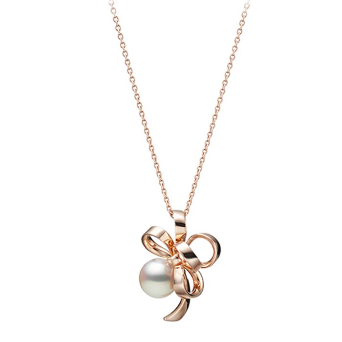 Mikimoto 18k Rose Gold Akoya Cultured Pearl and Gold Ribbon Pendant