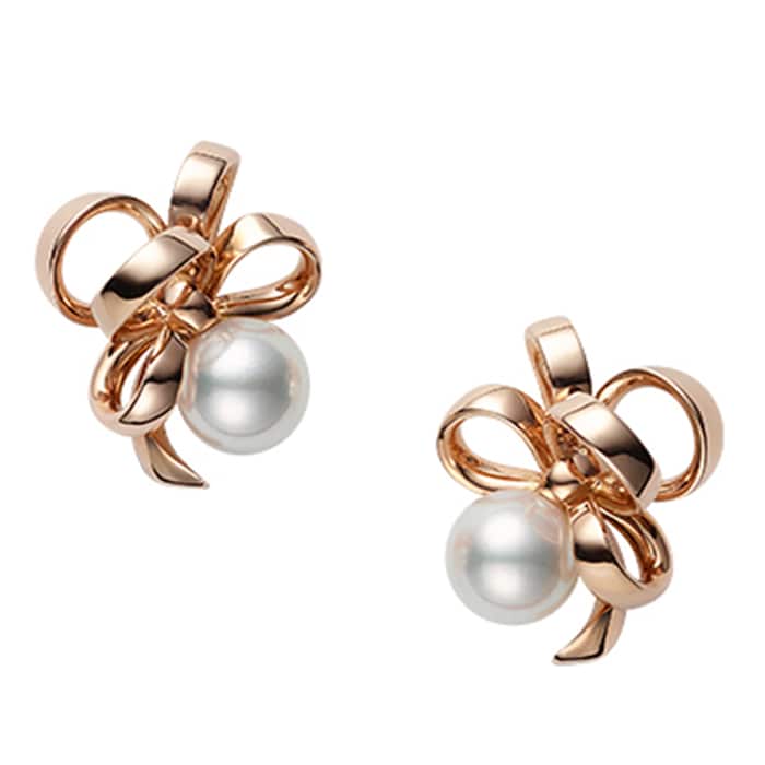 Mikimoto 18k Rose Gold Akoya Cultured Pearl and Gold Ribbon Stud Earrings