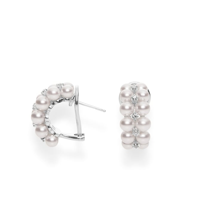 Mikimoto 18k White Gold Akoya Cultured Pearl and Diamond Semi-hoop Earrings