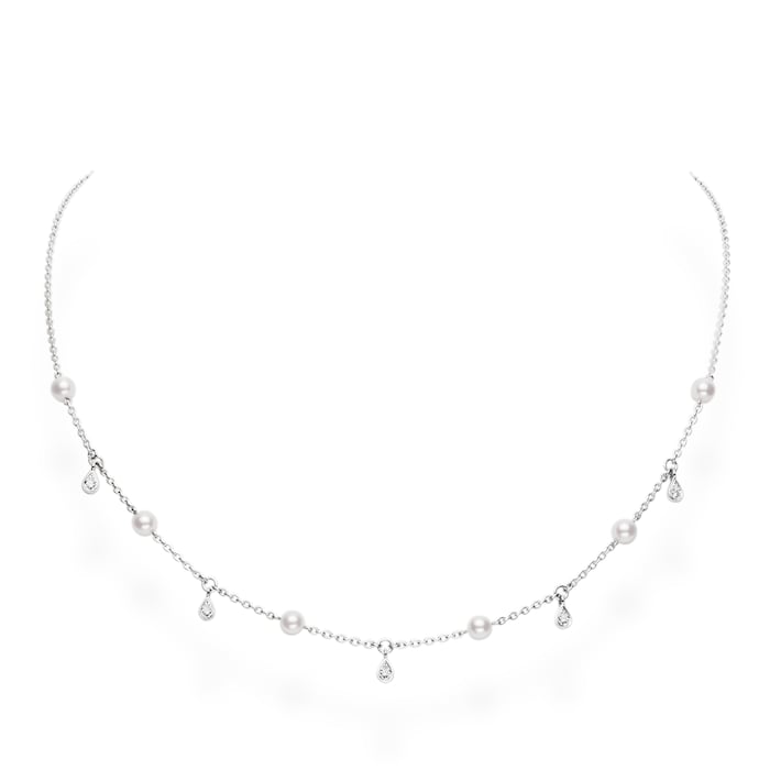 Mikimoto 18k White Gold Akoya Cultured Pearl and Diamond Station Necklace