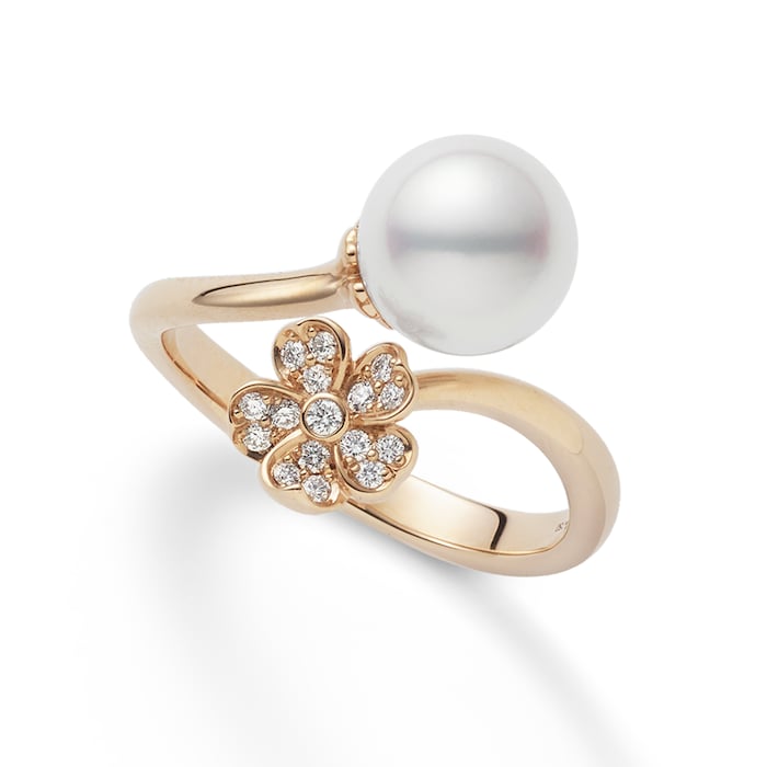 Mikimoto 18k Rose Gold Akoya Cultured Pearl and Diamond Ring