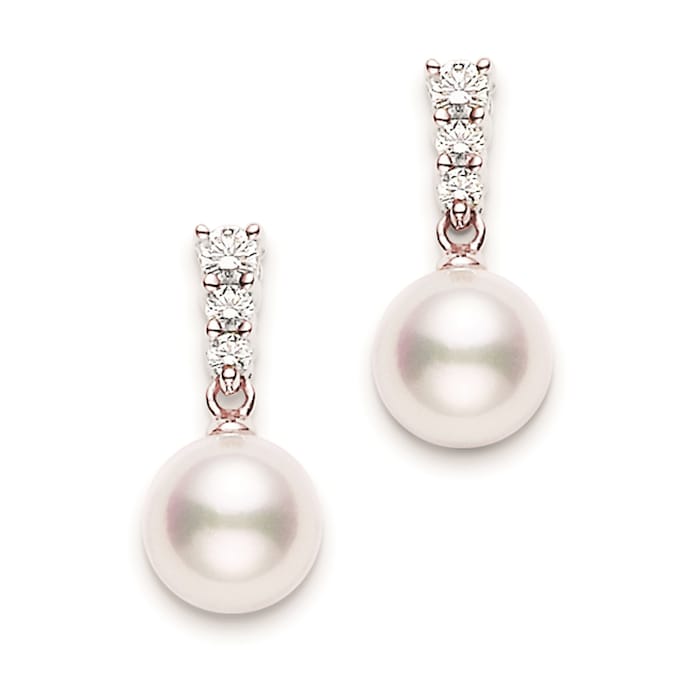 Mikimoto 18k Rose Gold Akoya Cultured Pearl and Diamond Drop Earrings