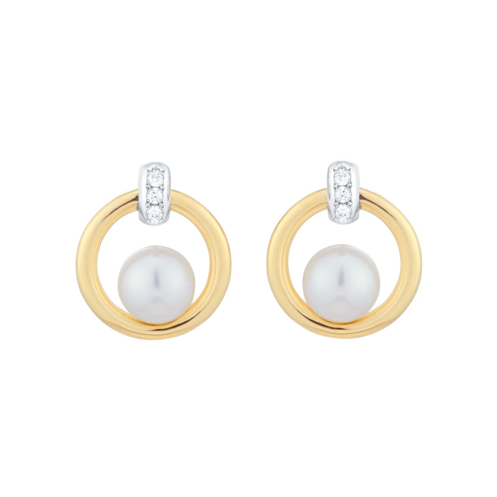 Circles Collection 18ct Yellow & White Gold 5.5mm Akoya Pearl & 0.02cttw Diamond Stud Earrings