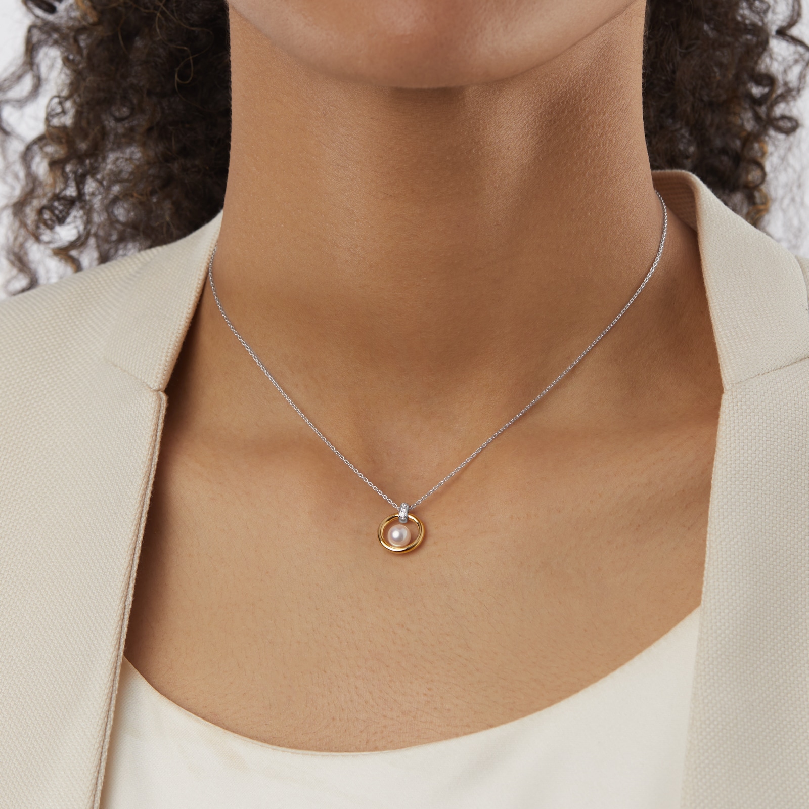 Mikimoto Circles Collection 18ct Yellow & White Gold 6mm Akoya Pearl & 0.02cttw Diamond Pendant