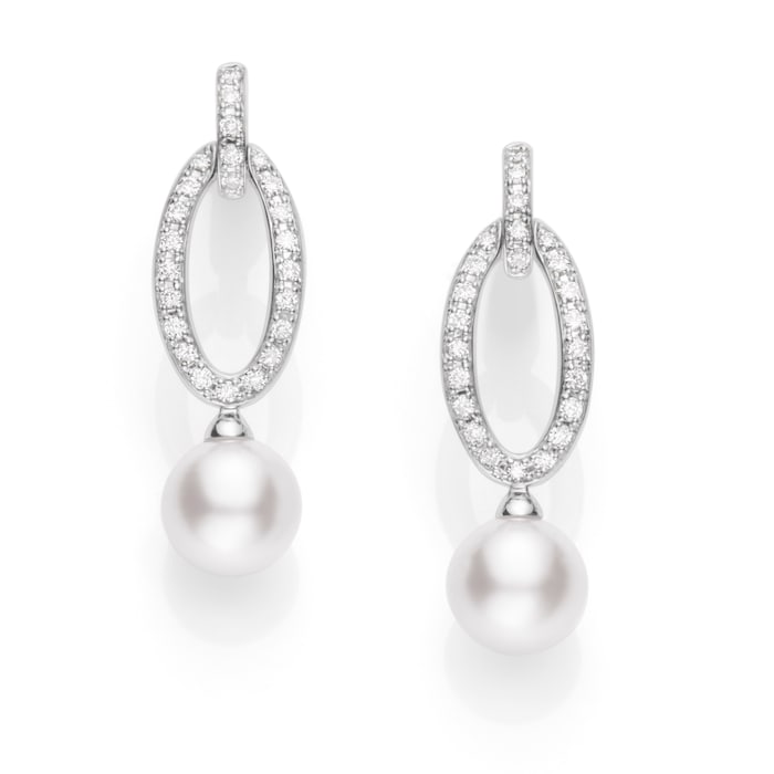Mikimoto 18k White Gold Cultured Akoya 7.5mm A1+ Grade pearl and 0.33cttw Diamond Drop Earrings