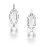 Mikimoto 18k White Gold Cultured Akoya 7.5mm A1+ Grade pearl and 0.33cttw Diamond Drop Earrings