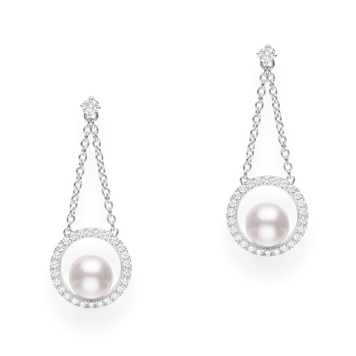 Mikimoto 18k White Gold Cultured Akoya 6mm A+ Grade pearl and 0.34cttw Diamond Drop Earrings