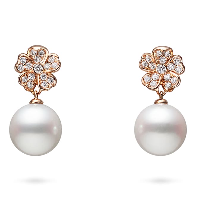 Mikimoto 18k Rose Gold Cultured Akoya 8mm A+ Grade pearl and 0.22cttw Diamond Drop Earrings