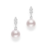 Mikimoto 18k White Gold Cultured Akoya 7.5mm Grade A+ Pearls and 0.19cttw Diamond Drop Earrings
