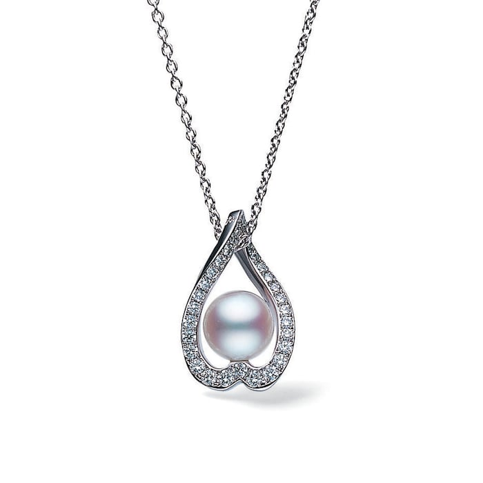 Mikimoto 18k White Gold Cultured Akoya 7mm A+ Grade pearl and 0.22cttw Diamond Pendant