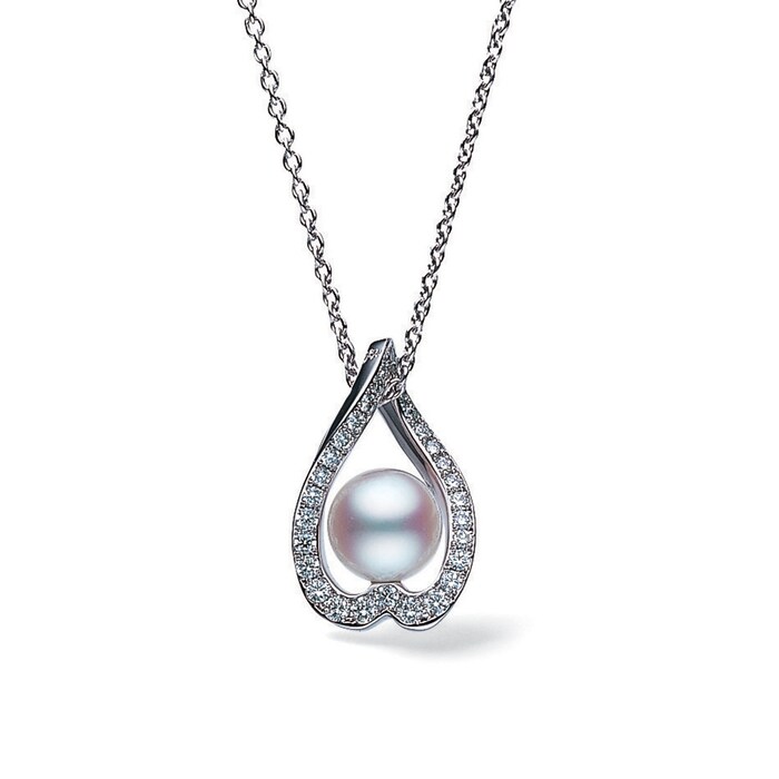 Mikimoto 18k White Gold Cultured Akoya 7mm A+ Grade pearl and 0.22cttw Diamond Pendant