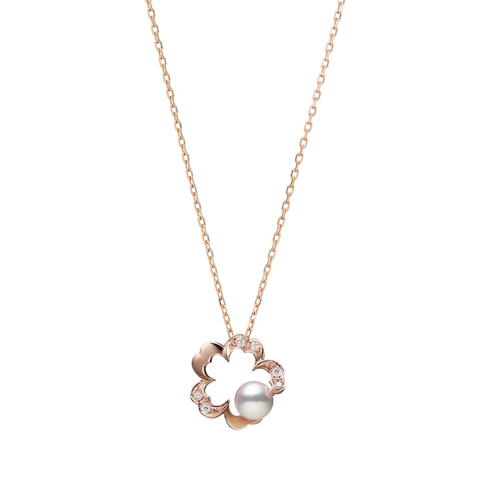 Mikimoto 18k Rose Gold Cultured Akoya 6.5mm Grade A+ Pearl and 0.07cttw Diamond Pendant