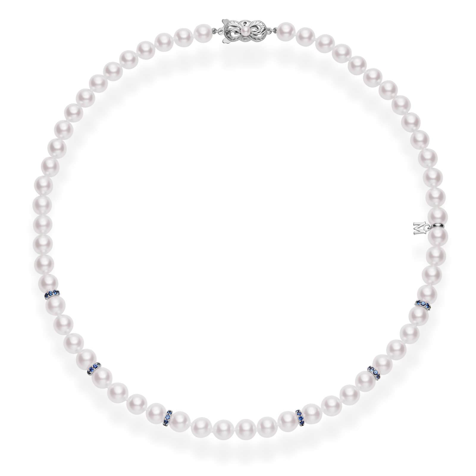 18k White Gold Cultured Akoya 7.5mm Pearl And 1.20cttw Sapphire Necklace