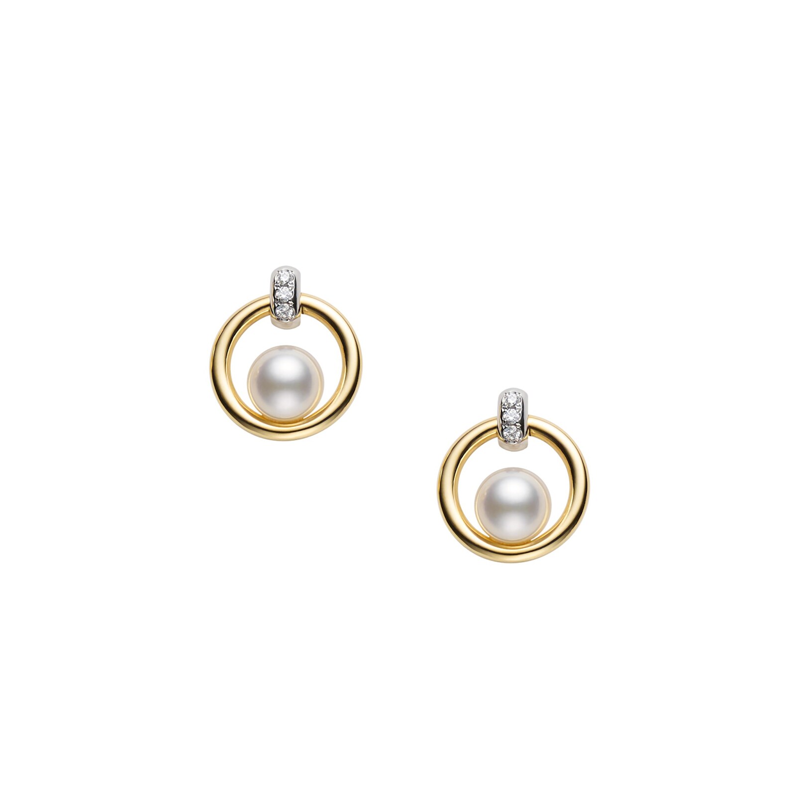 Mikimoto 18k Yellow and White Gold Akoya Cultured Pearl and 0.02cttw Diamond Circle Earrings