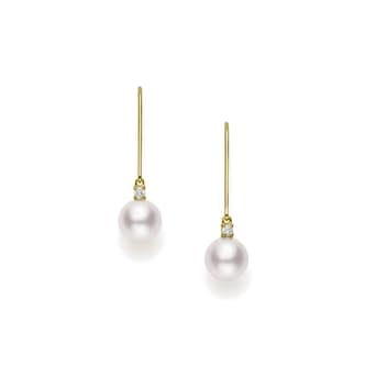 Mikimoto 18K Yellow Gold 0.06ct Diamond & Akoya Pearl Drop Earrings