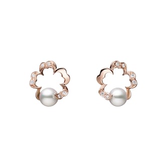 Mikimoto 18k Rose Gold Diamond and 6mm Akoya Pearl Cherry Blossom Earrings