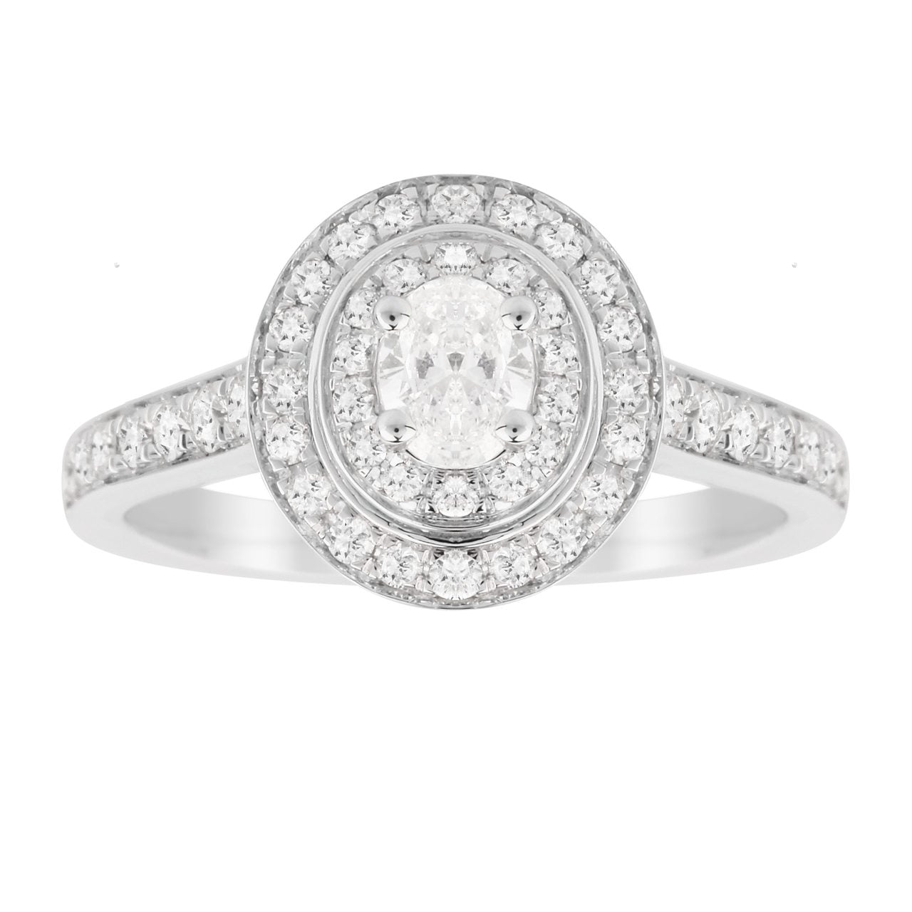 Oval Cut 0.70 Carat Total Weight Double Halo Diamond Ring In 18 Carat White Gold - Ring Size L