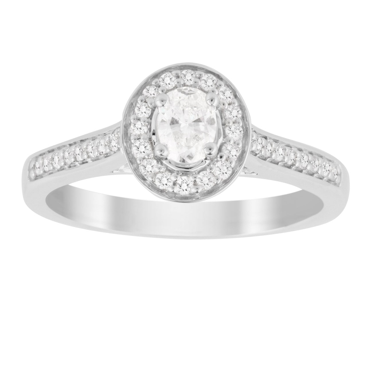Oval Cut 0.35 Carat Total Weight Halo Diamond Ring In 18 Carat White Gold - Ring Size L