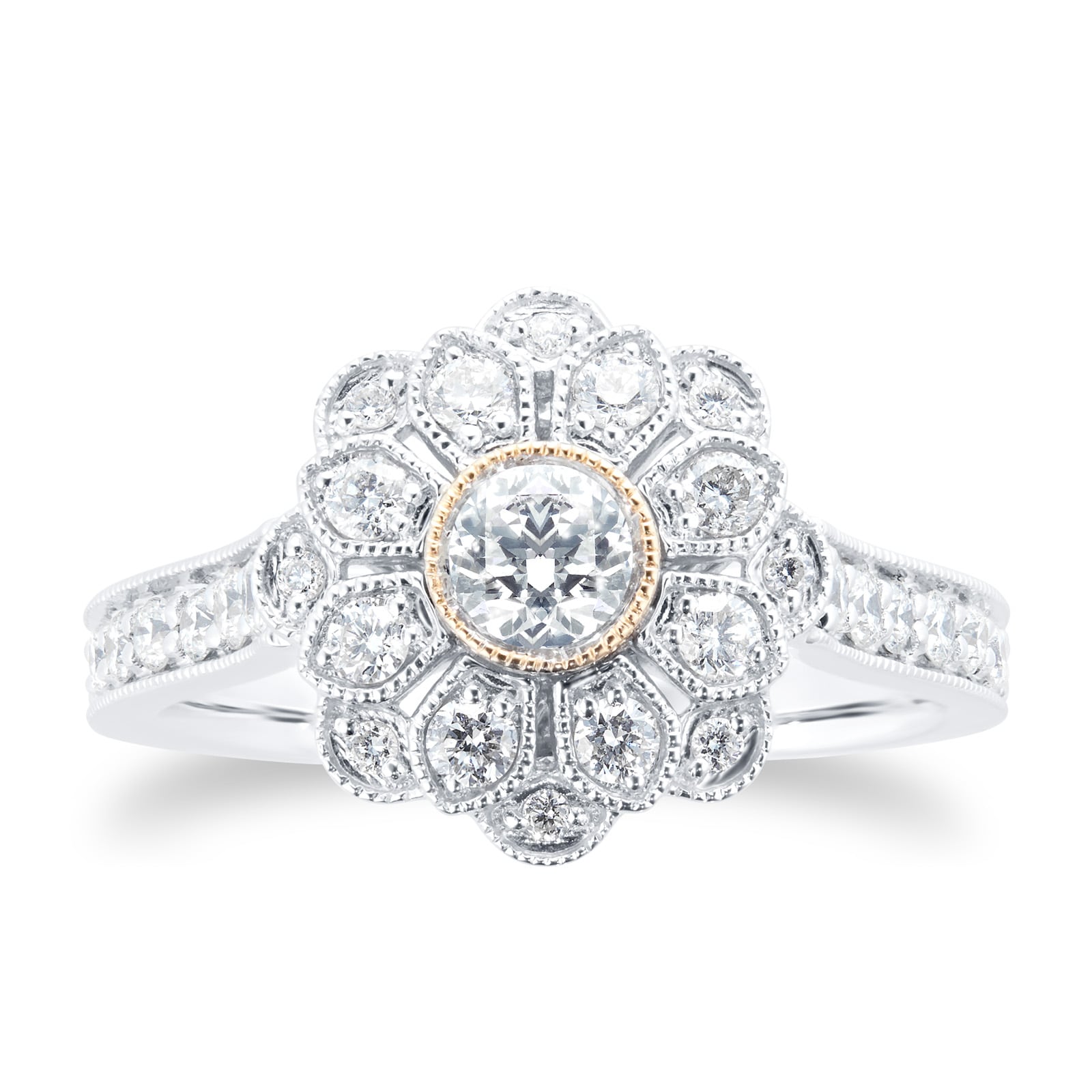 Jenny Packham 18ct White Gold 0.75cttw Flower Cluster With Yellow Gold Milgrain