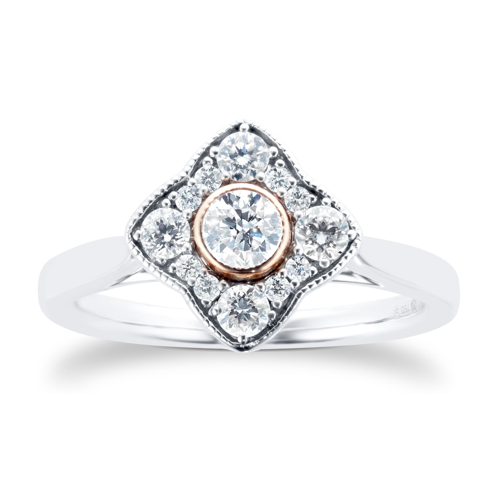 18 Carat White Gold 0.50 Carat Diamond Cluster Ring With Rose Gold Milgrain - Ring Size N