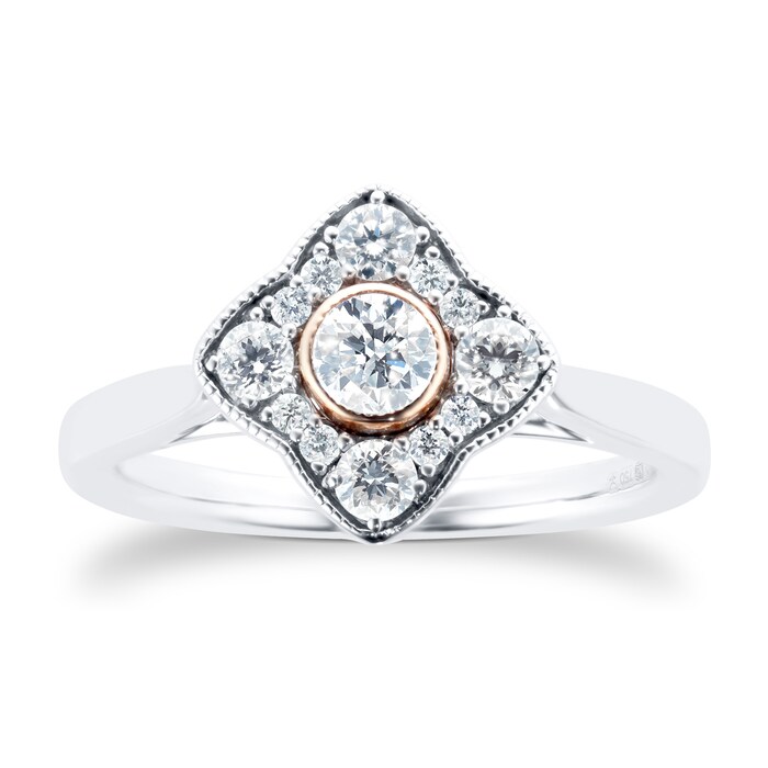 Jenny Packham 18 Carat White Gold 0.50 Carat Diamond Cluster Ring With Rose Gold Milgrain - Ring Size J