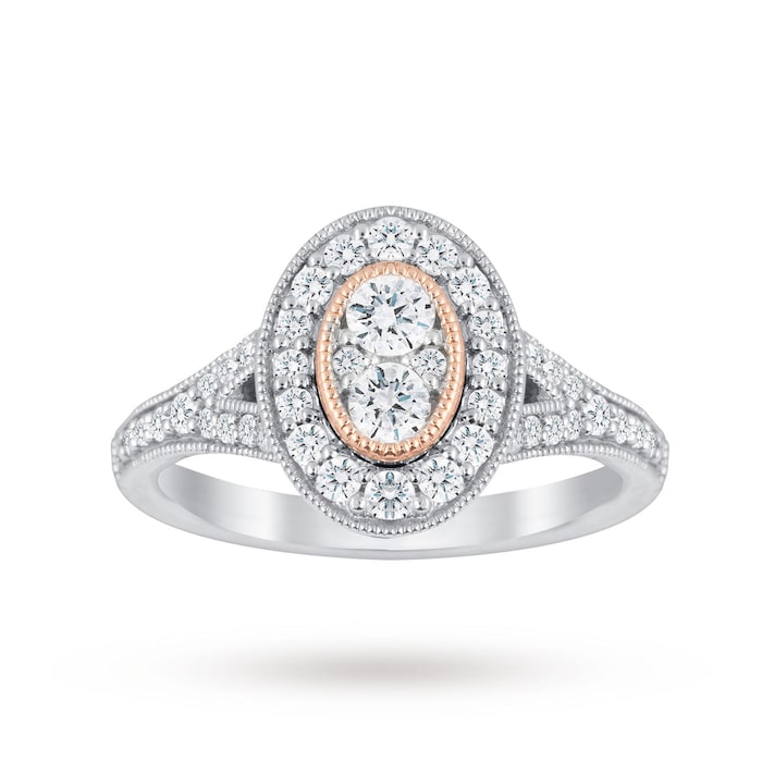 Jenny Packham 18 Carat White Gold 0.60 Carat Diamond Oval Ring With Rose Gold Milgrain - Ring Size J
