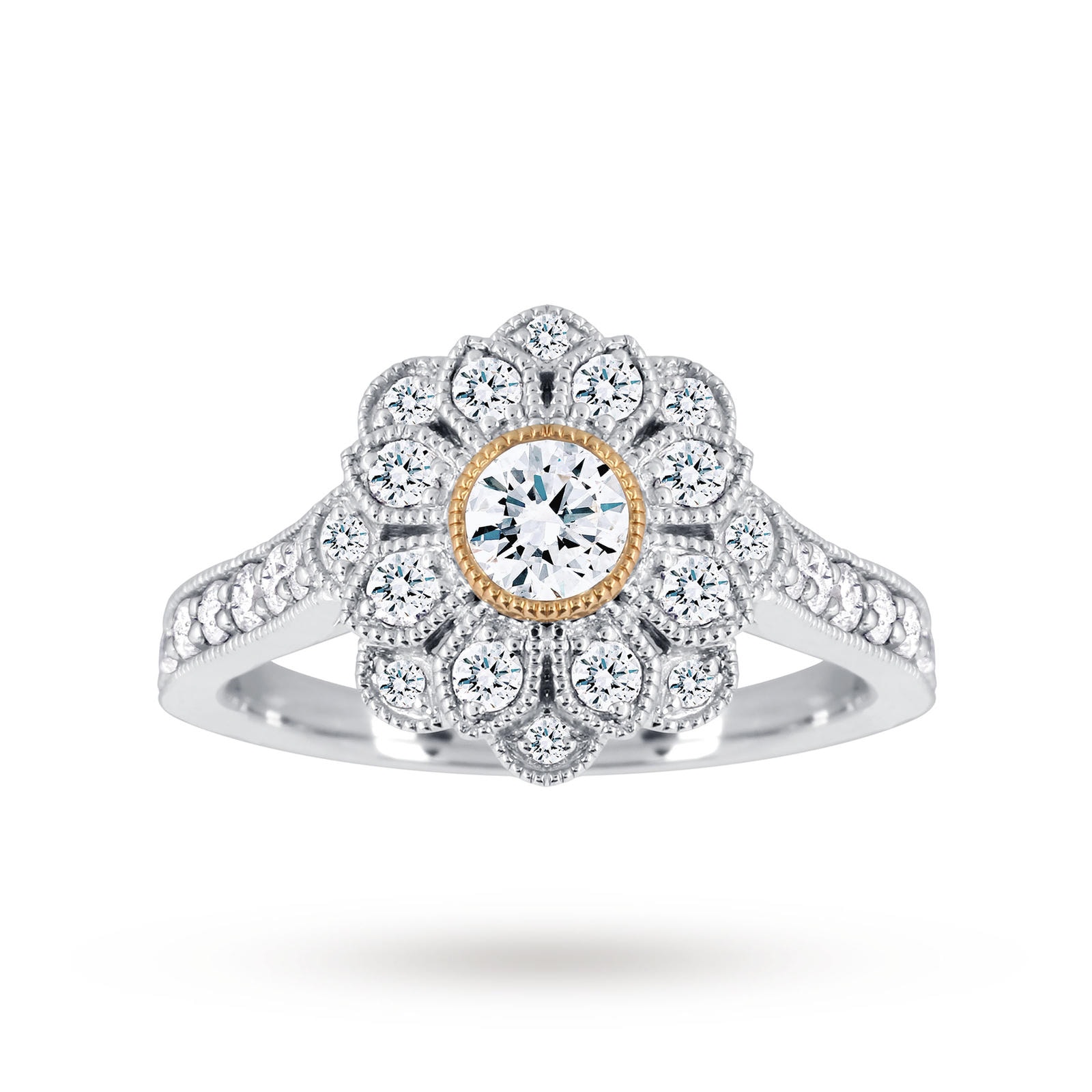 Jenny Packham Platinum 0.75cttw Flower Cluster With Yellow Gold Milgrain