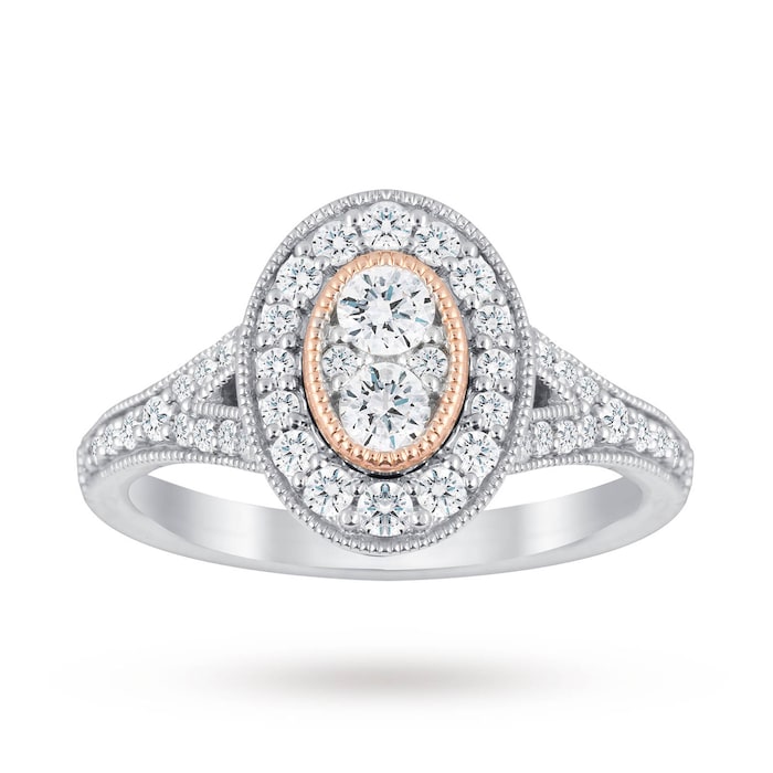 Jenny Packham Platinum 0.60cttw Diamond Oval Ring With Rose Gold Milgrain