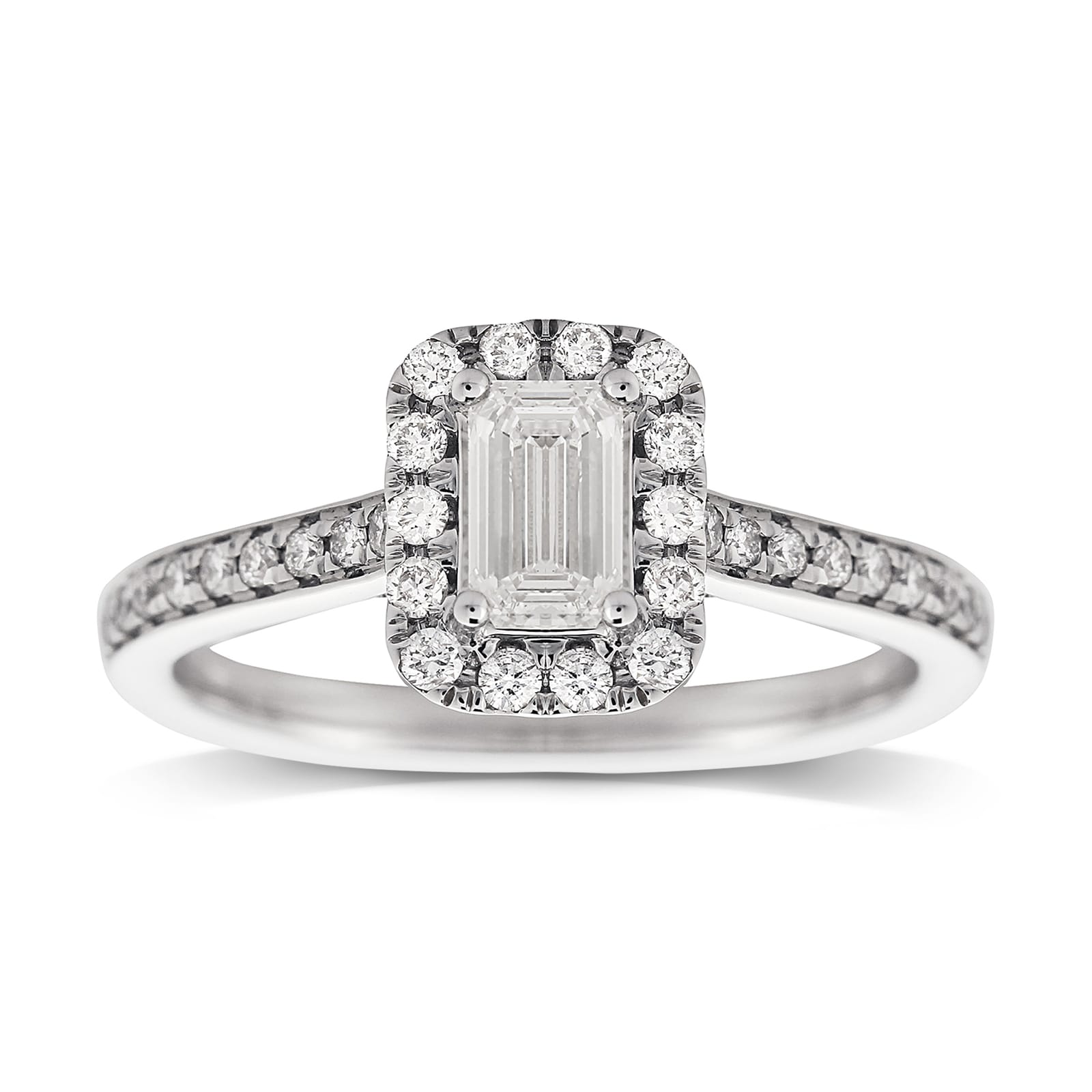 Emerald Cut 0.90ct Halo Diamond Ring In 18ct White Gold - Ring Size L