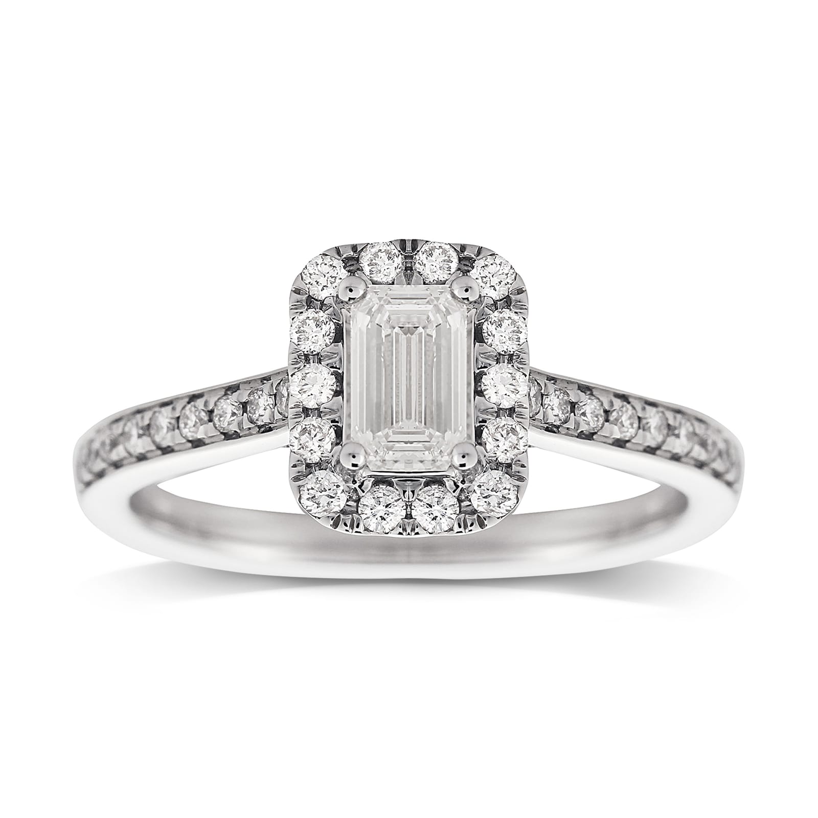 Jenny Packham 18ct White Gold Emerald Cut 0.90cttw Halo Diamond Ring